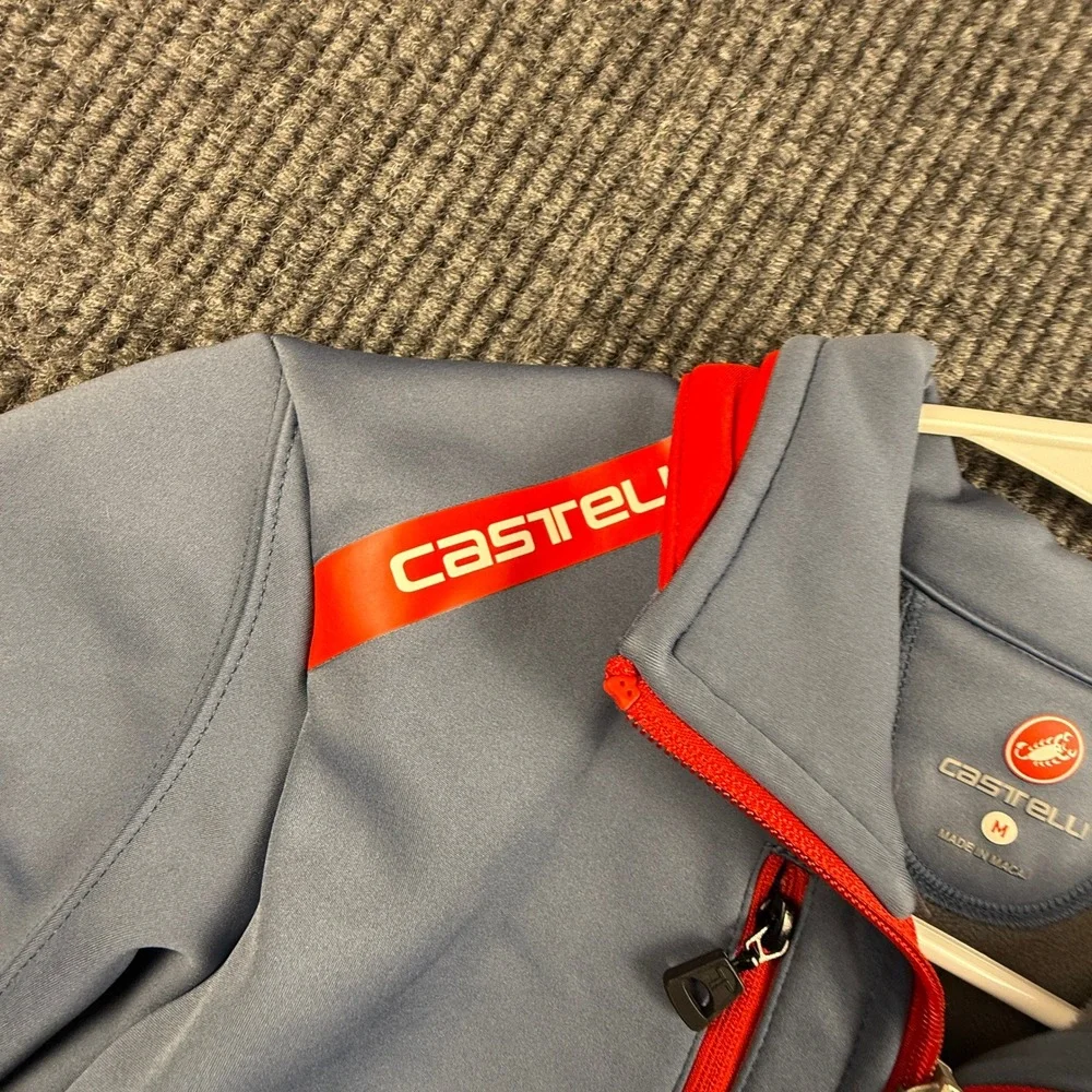 Castelli Mens Medium Cycling Jacket Blue‎ Red Full Zip Fleece Lined Softshell